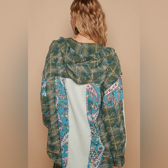 LAST ONE POL Plaid Button Down Hoodie with Multi Color Patchwork - Picture 5 of 7